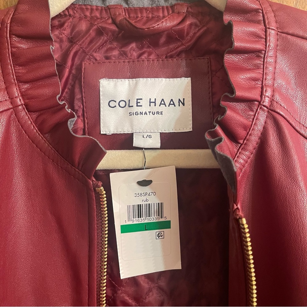 Cole Haan Red Vegan Leather Zip Jacket Ruffle Collar Sz L - Picture 8 of 9